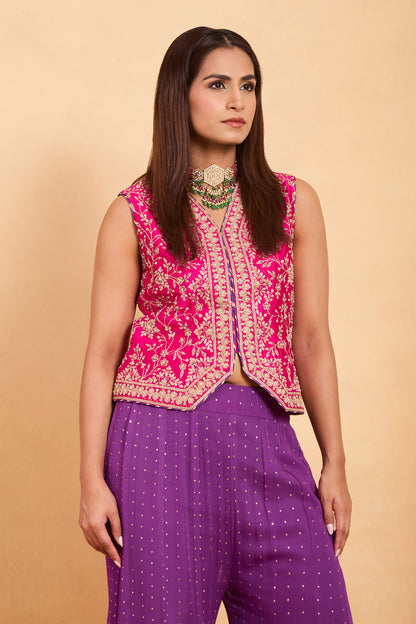 Fuschia Pink Embroidered Jacket and Purple Sharara Set