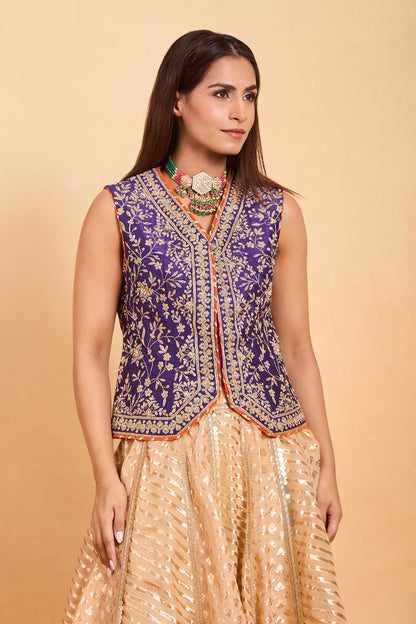 Blue Embroidered Jacket with Gold Brocade Skirt Set