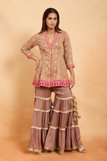 Elegant Beige & Brown Ruffle Gharara Suit Set