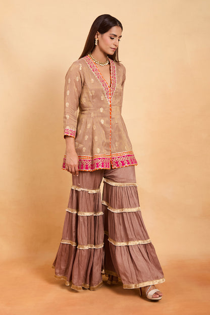 Elegant Beige & Brown Ruffle Gharara Suit Set