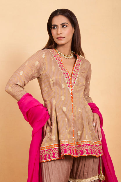 Elegant Beige & Brown Ruffle Gharara Suit Set
