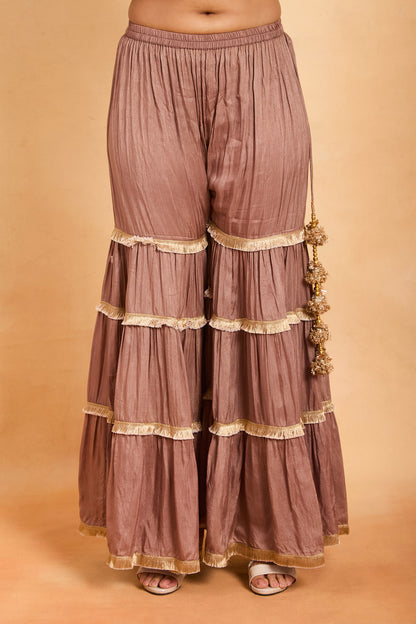 Elegant Beige & Brown Ruffle Gharara Suit Set