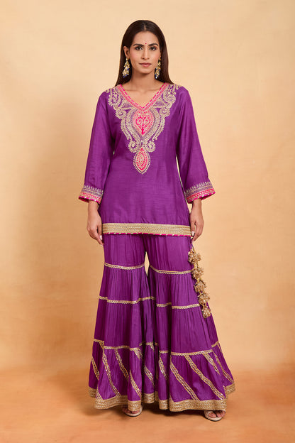 Designer Fuchsia Contrast Tiered Gharara Set with Heavy Neck Embroidery