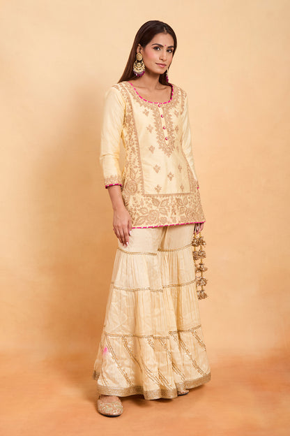 Off White & Fuchsia Pink Silk Kurta and Gharara Set