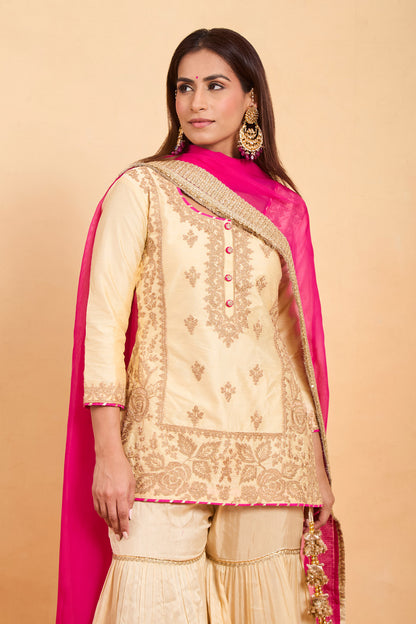 Off White & Fuchsia Pink Silk Kurta and Gharara Set