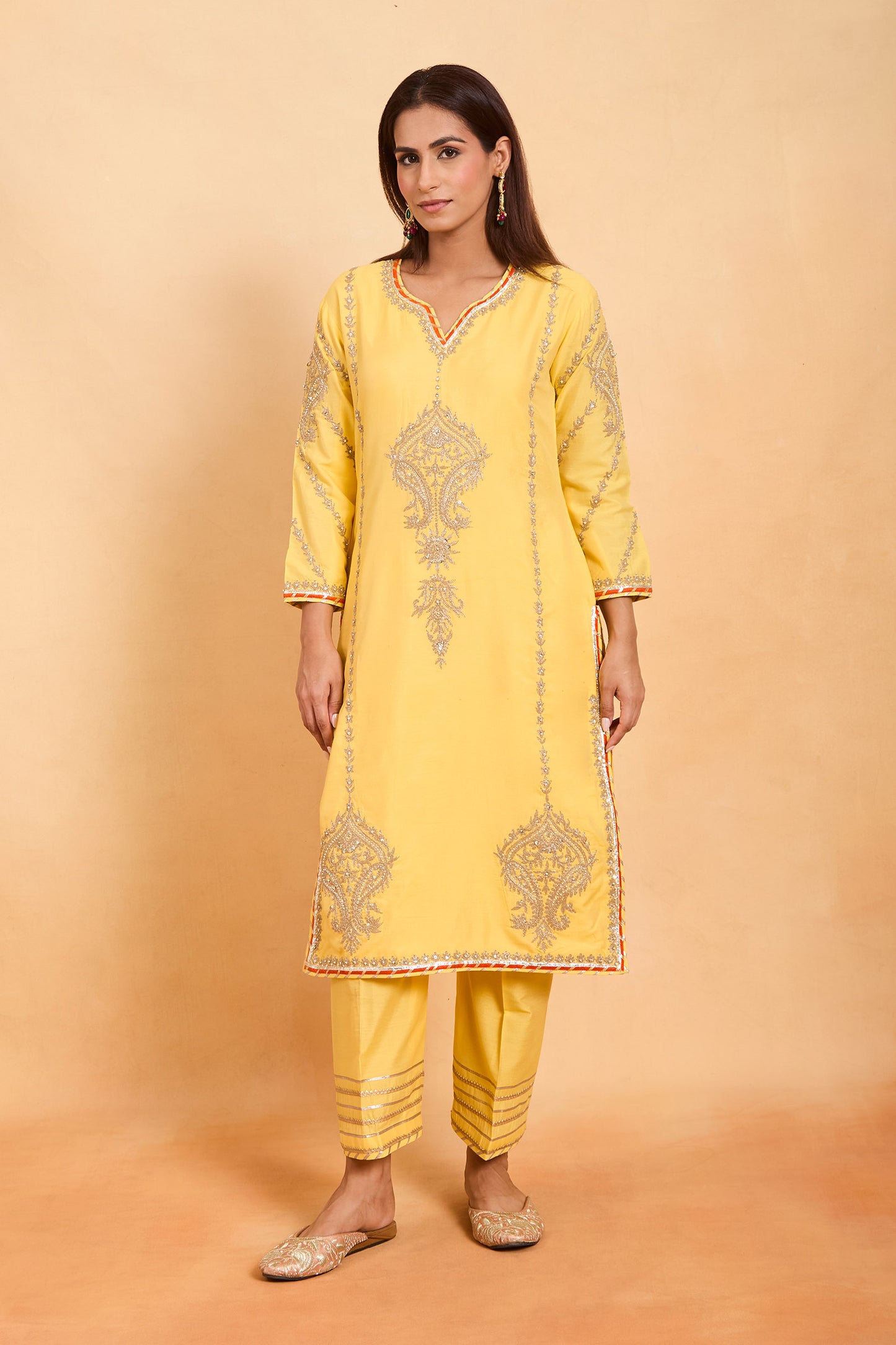 Sunshine Yellow Zari Embroidered Straight Cut Suit Set