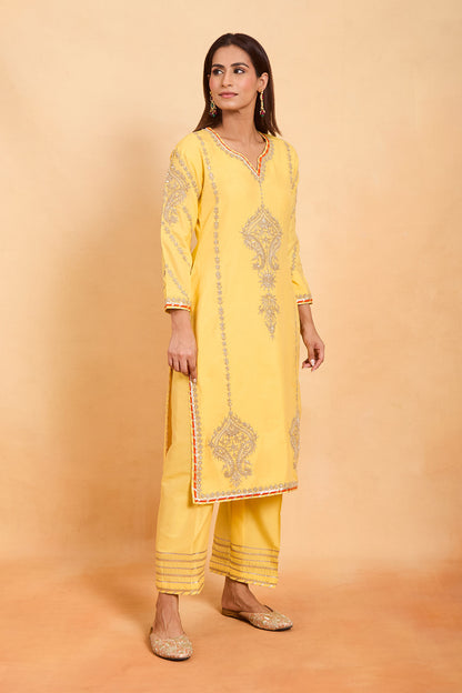 Sunshine Yellow Zari Embroidered Straight Cut Suit Set