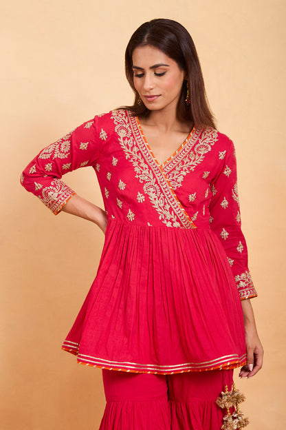 Magenta Angrakha Peplum Kurti & Gharara Set