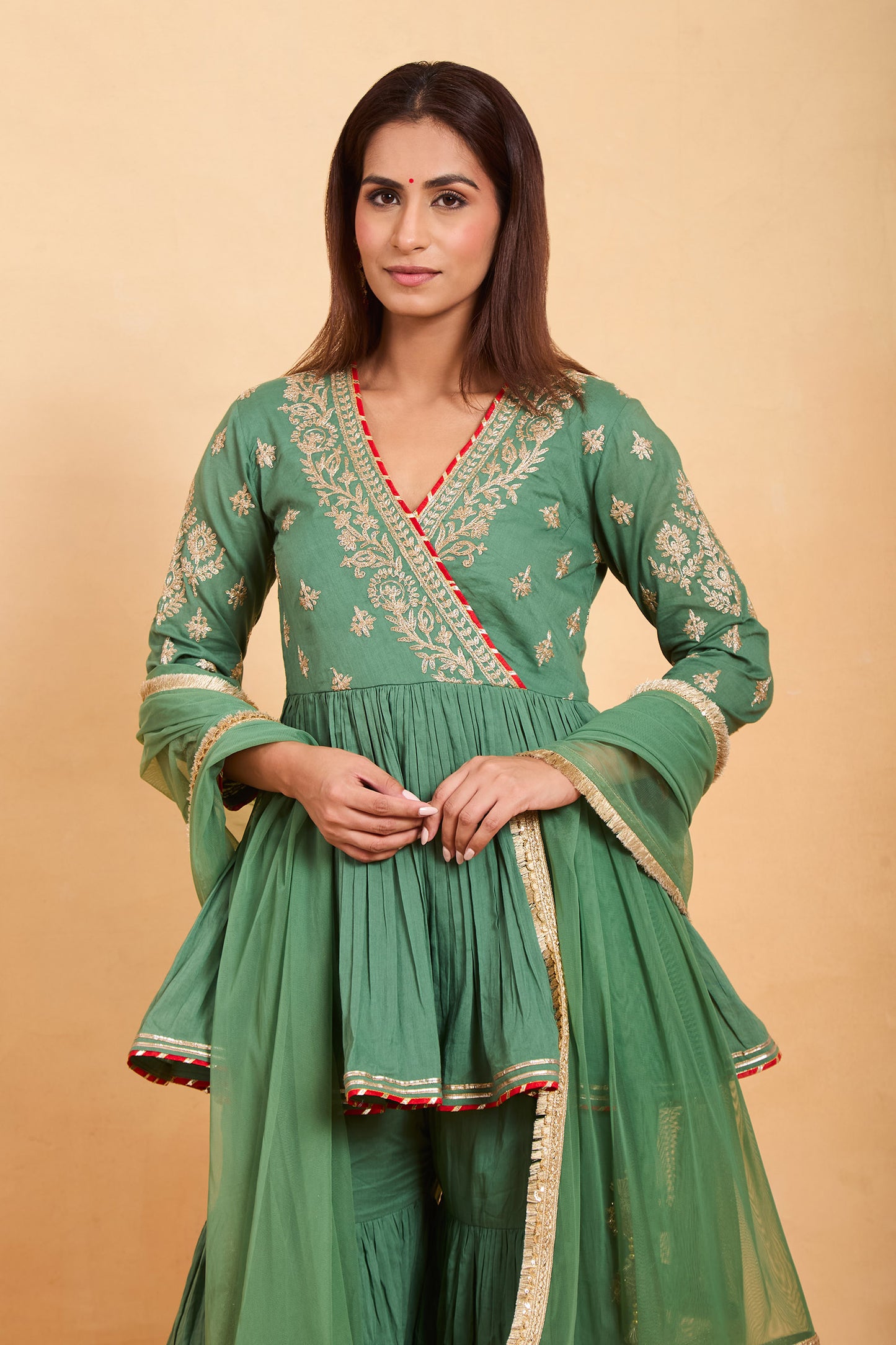 Pastel Green Angrakha Peplum Kurti & Gharara Set