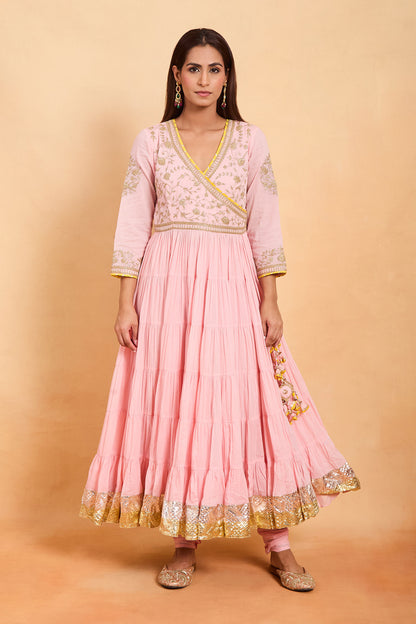 Pink Angrakha Style Anarkali Set with Gold Embroidery