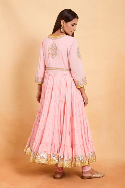 Pink Angrakha Style Anarkali Set with Gold Embroidery