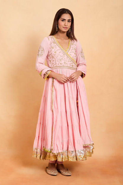 Pink Angrakha Style Anarkali Set with Gold Embroidery