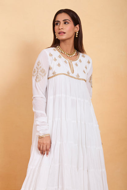 White Anarkali Set with Sunshine Yellow Dupatta