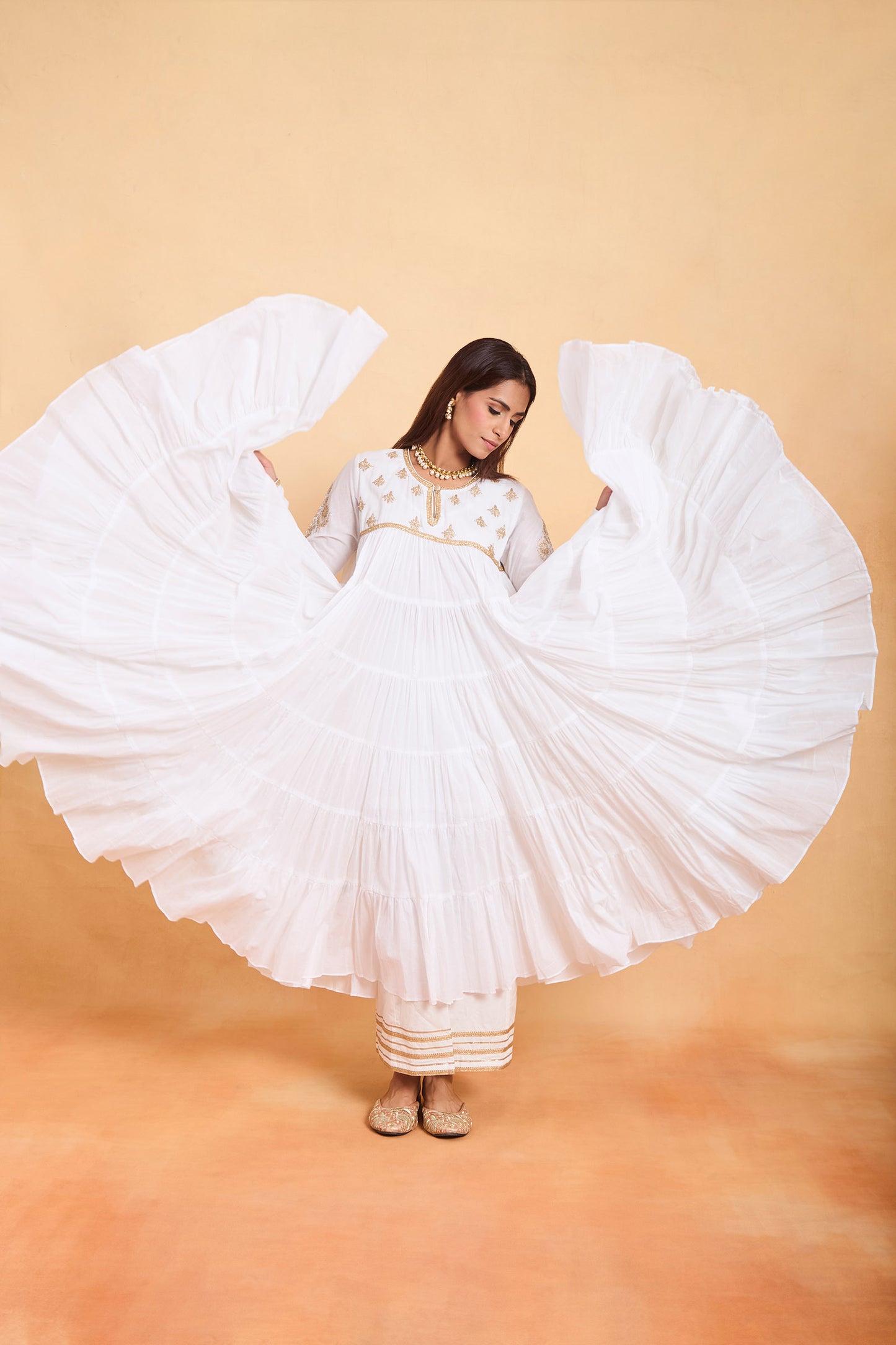 White Anarkali Set with Sunshine Yellow Dupatta