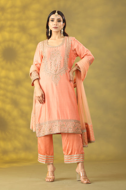 Peach Kurta with Pant and Net Dupatta