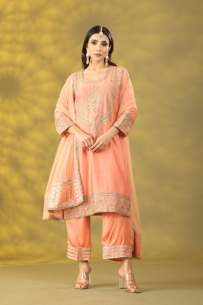 Peach Kurta with Pant and Net Dupatta