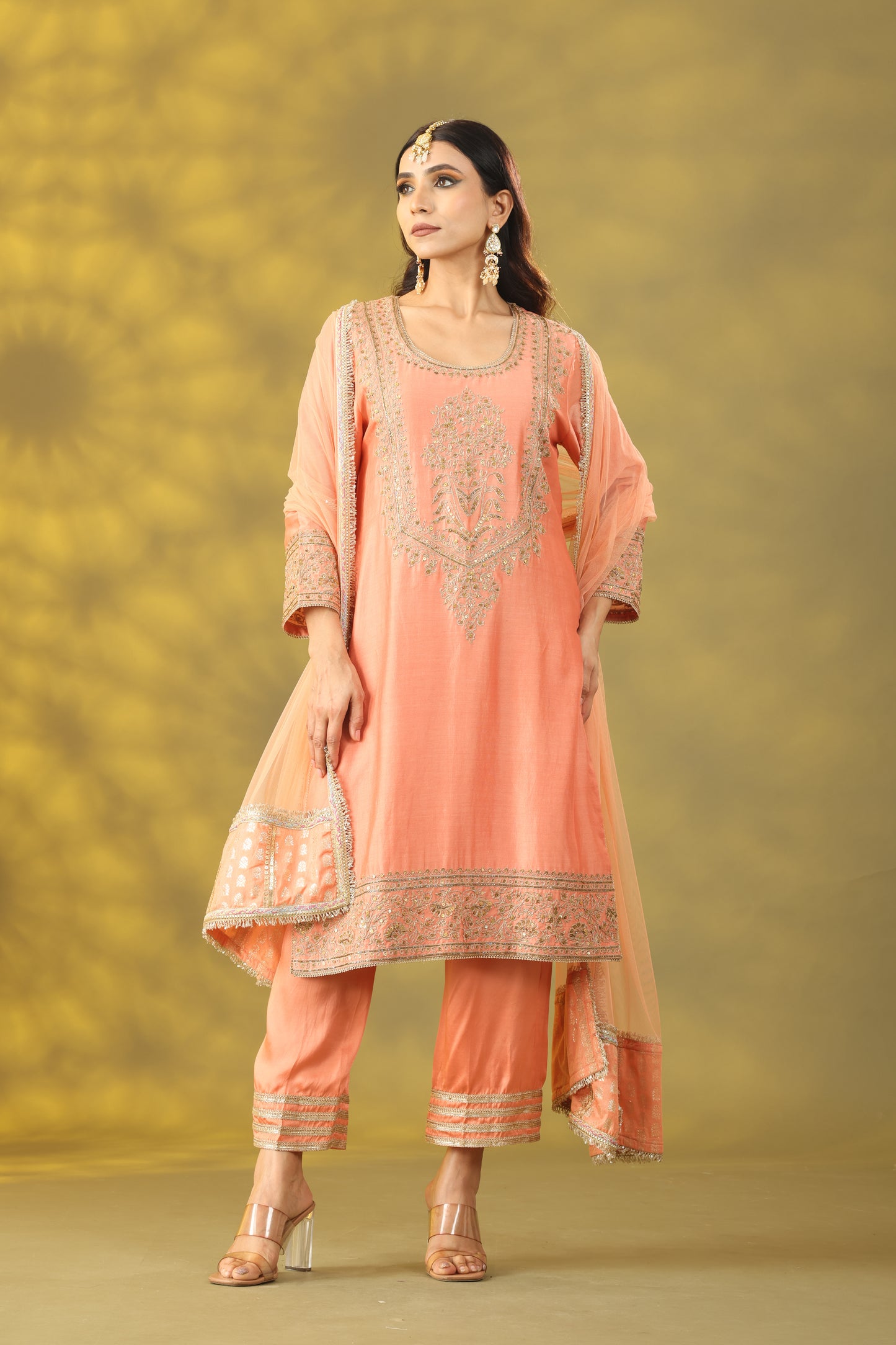 Peach Kurta with Pant and Net Dupatta