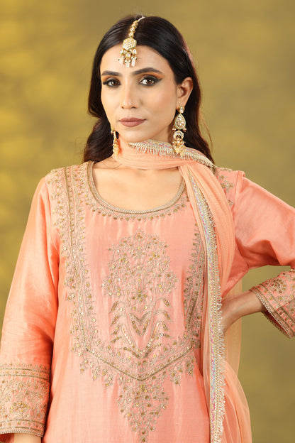 Peach Kurta with Pant and Net Dupatta