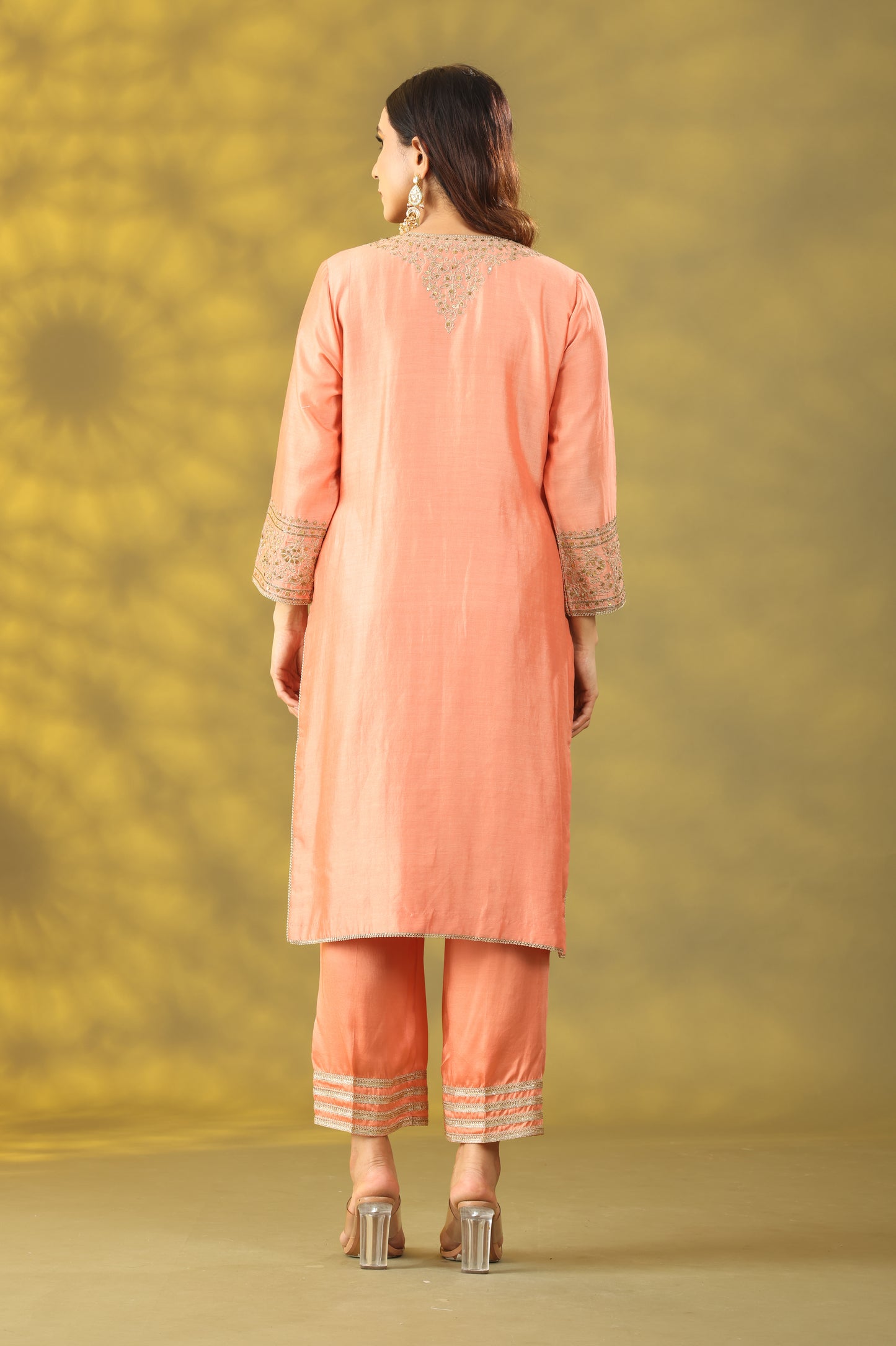 Peach Kurta with Pant and Net Dupatta