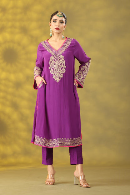 Warm Purple Kashmiri Style Phiran  Kurta Set