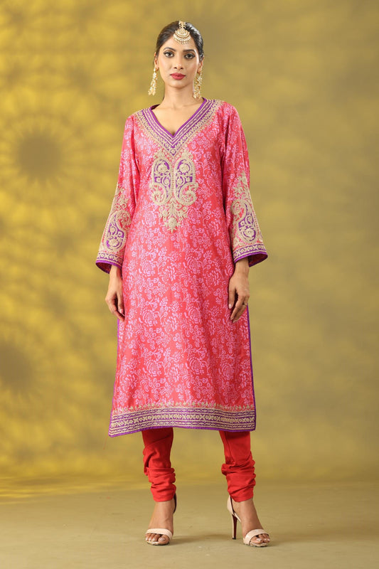 Salmon Pink Printed Kashmiri Style Phiran Kurta Set