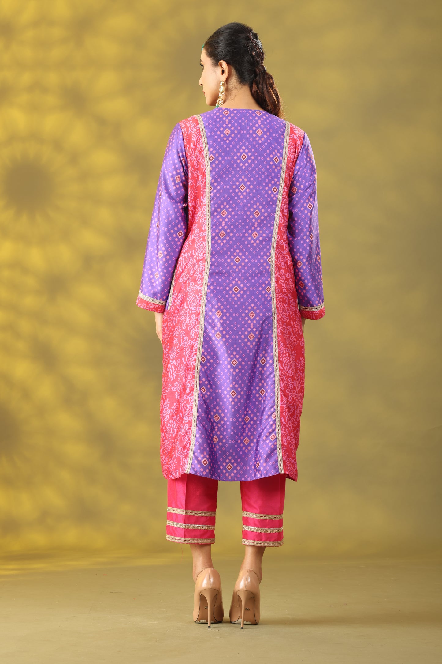 Reddish Red and Purple Long Princess Cut Kurta Set