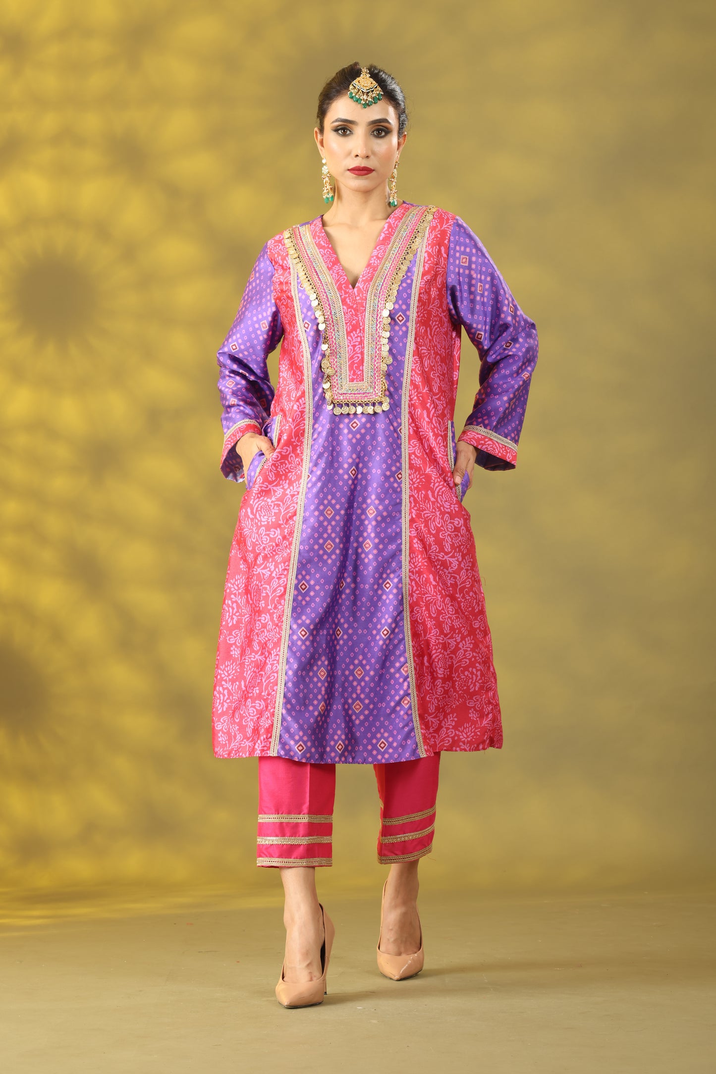 Reddish Red and Purple Long Princess Cut Kurta Set