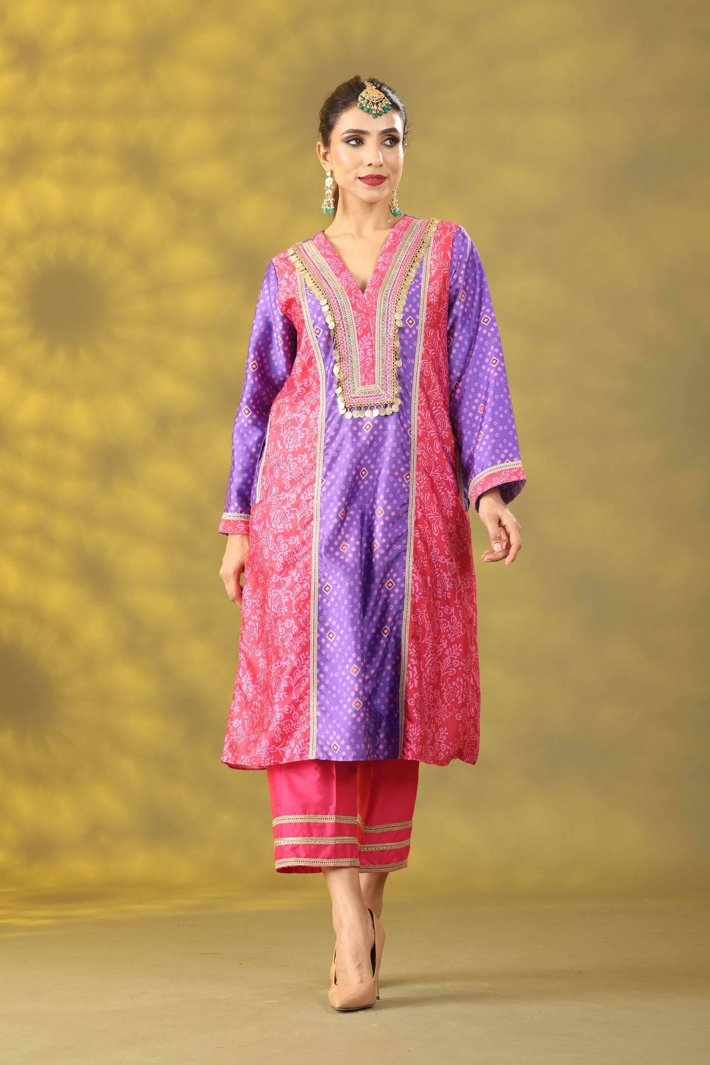 Reddish Red and Purple Long Princess Cut Kurta Set