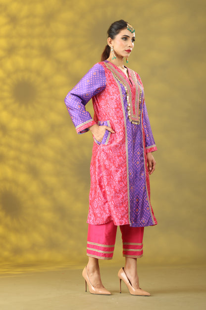 Reddish Red and Purple Long Princess Cut Kurta Set