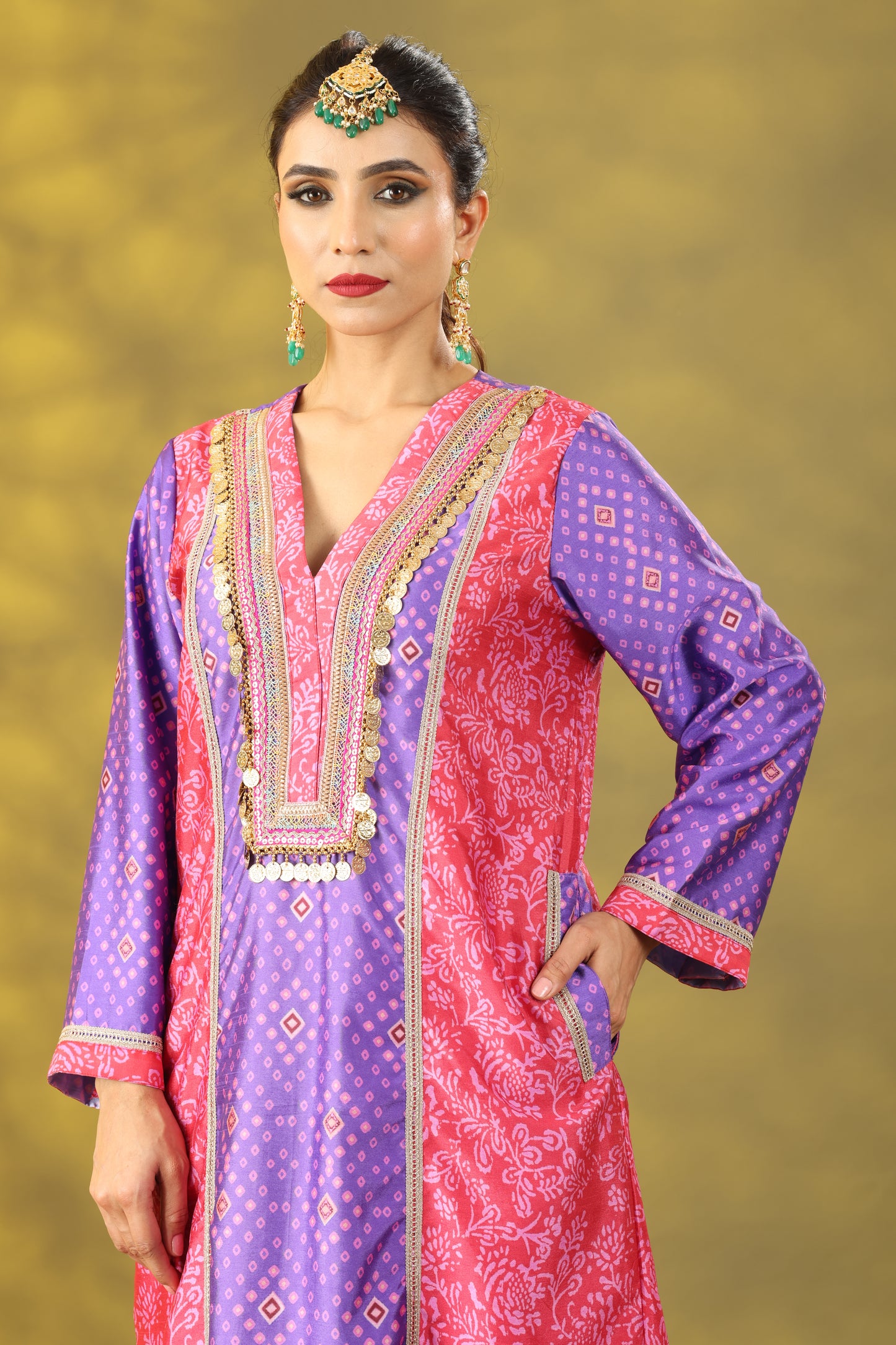 Reddish Red and Purple Long Princess Cut Kurta Set