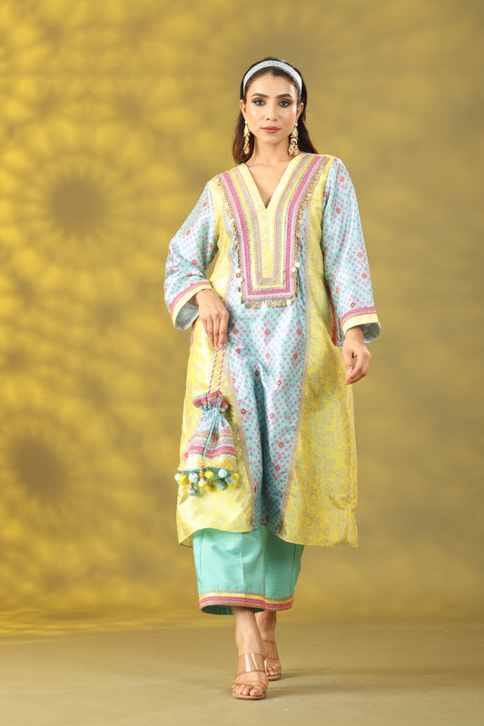 Marigold Yellow and Sky Blue Long princess Cut Kurta Set