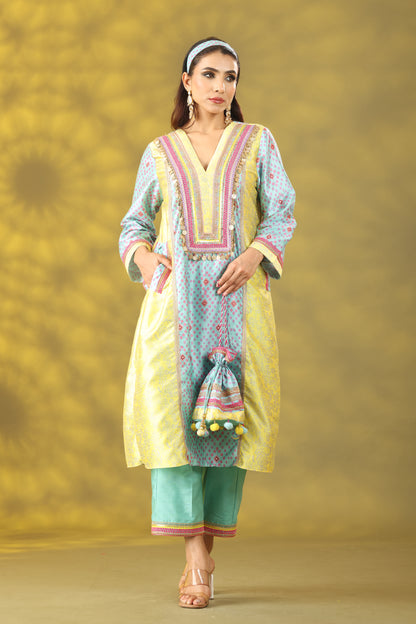 Marigold Yellow and Sky Blue Long princess Cut Kurta Set