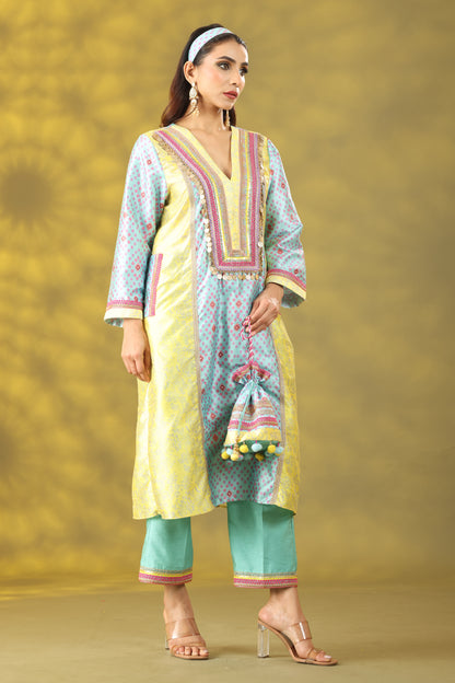 Marigold Yellow and Sky Blue Long princess Cut Kurta Set