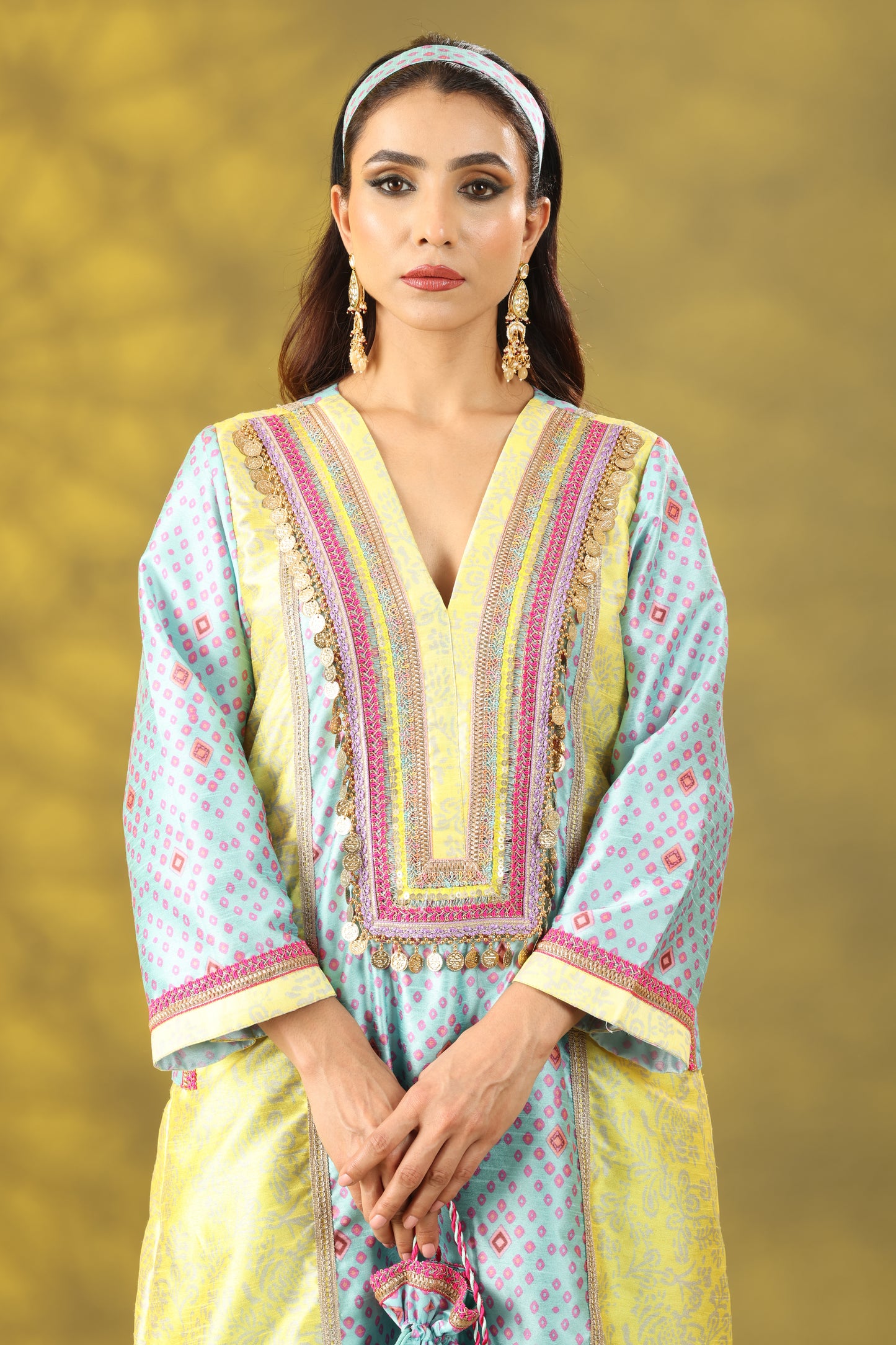 Marigold Yellow and Sky Blue Long princess Cut Kurta Set