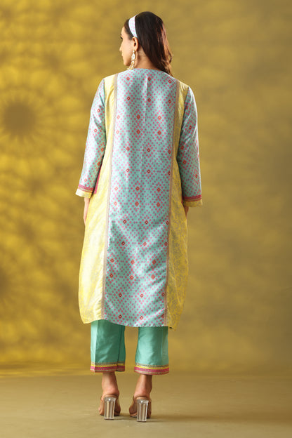 Marigold Yellow and Sky Blue Long princess Cut Kurta Set