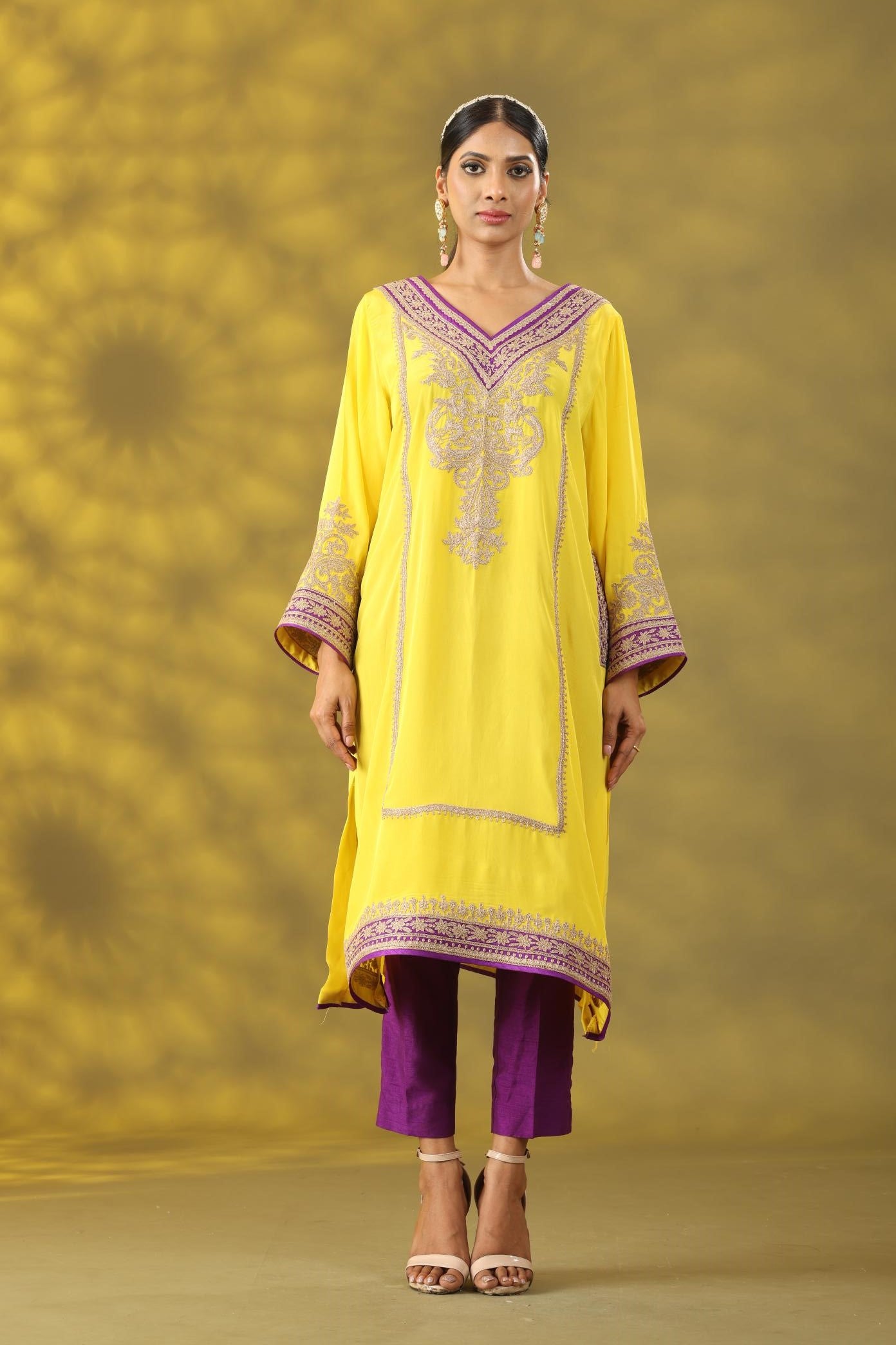 Marigold Yellow and Purple Kashmiri Style Phiran  Kurta Set