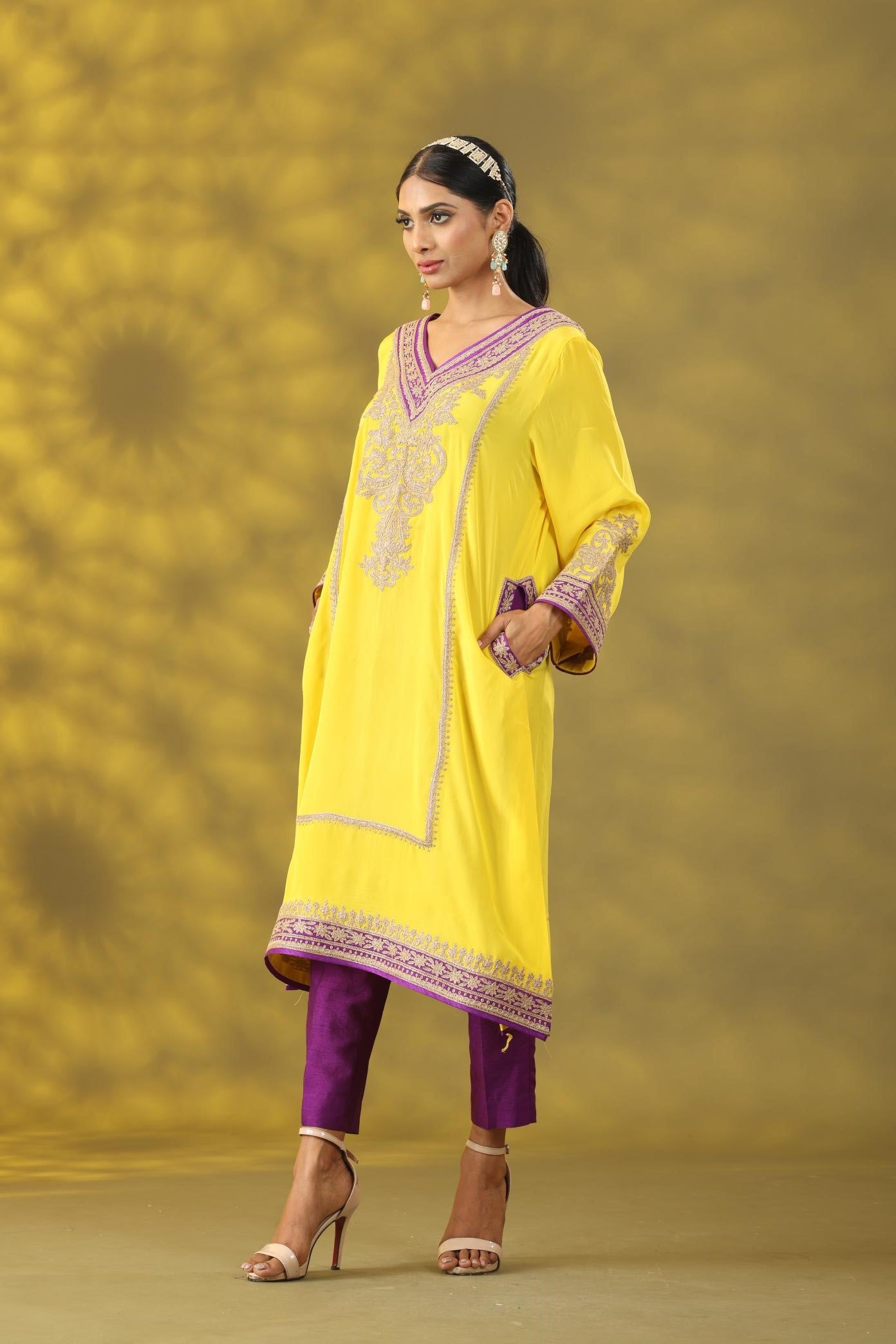 Marigold Yellow and Purple Kashmiri Style Phiran  Kurta Set