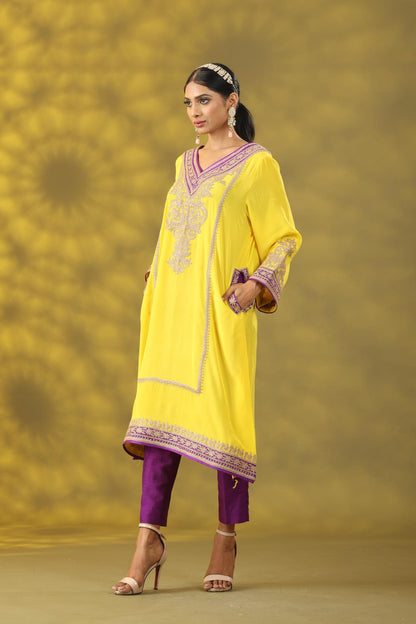 Marigold Yellow and Purple Kashmiri Style Phiran  Kurta Set