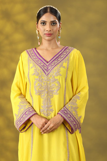 Marigold Yellow and Purple Kashmiri Style Phiran  Kurta Set