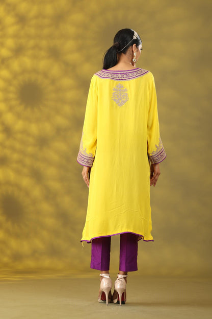 Marigold Yellow and Purple Kashmiri Style Phiran  Kurta Set