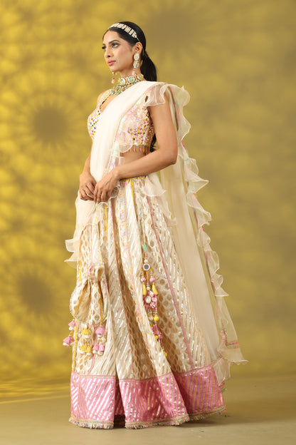 White Lehenga Set with Dupatta and Matching Potli