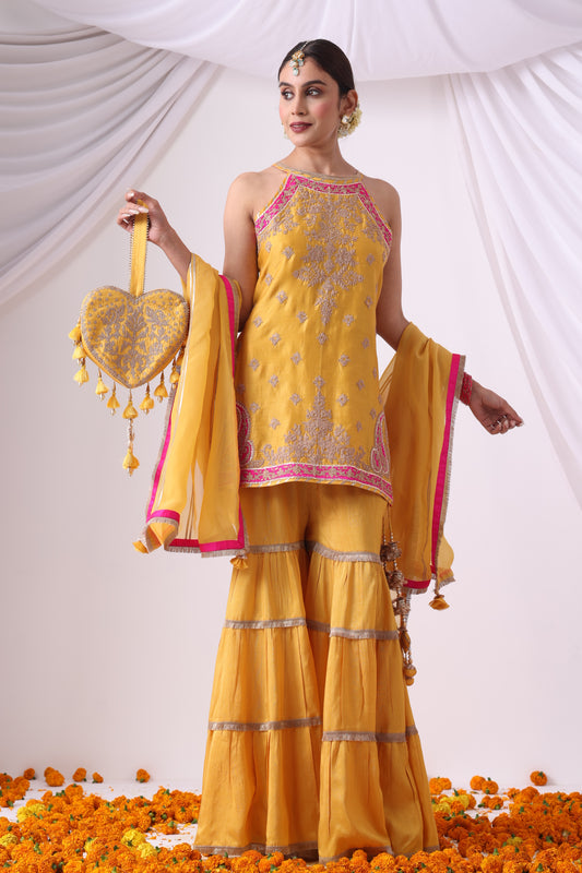 Mustard Halter Suit with Gharara Set