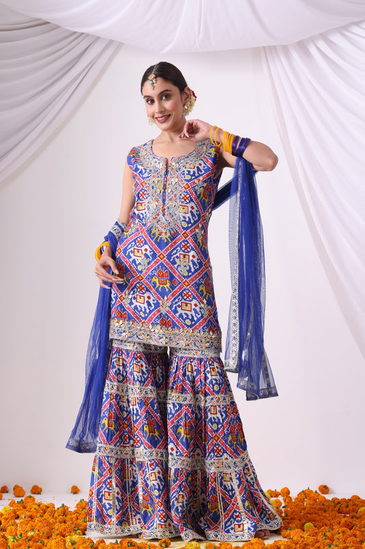 Blue Digital Printed Short Kurta with Gharara Set
