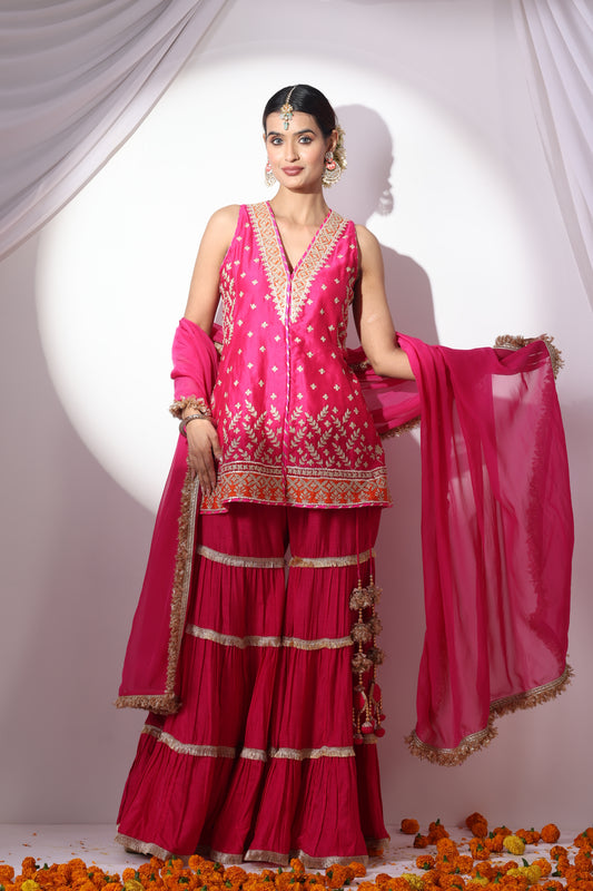 Magenta  Short Jacket with Gharara Set