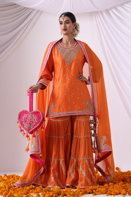 Orange Short Kurti With Gharara Set