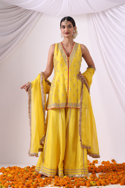 Yellow Short Kurti with Sharara Set