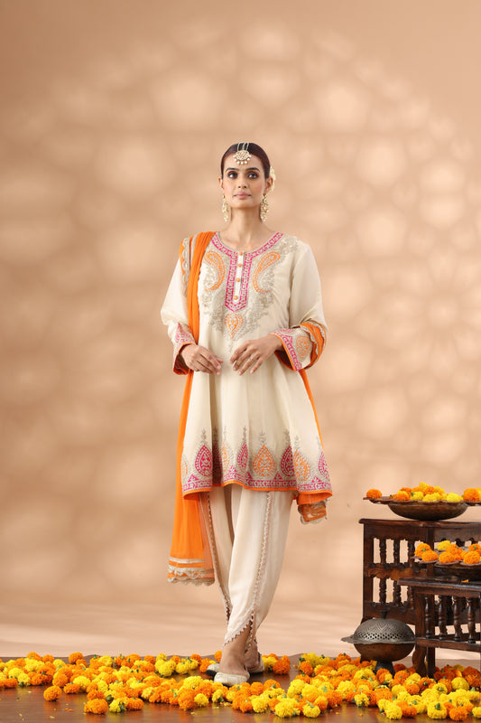 Beig Short Anarkali with Dhoti Set