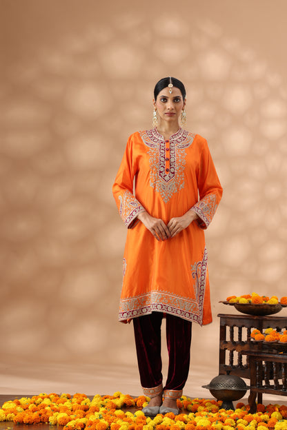 Pastel Orange Short Kurti and wine red Salwar Set