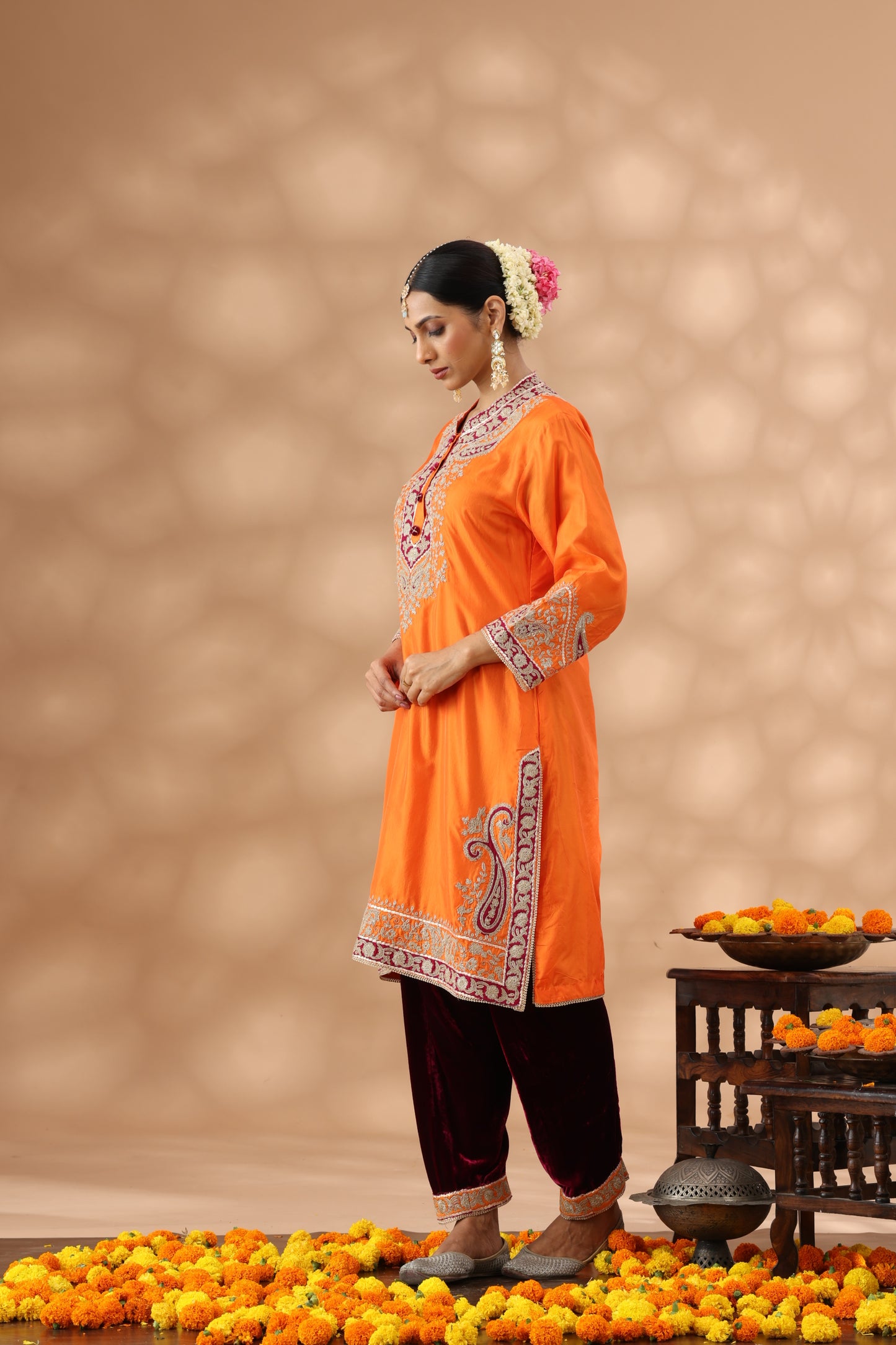 Pastel Orange Short Kurti and wine red Salwar Set