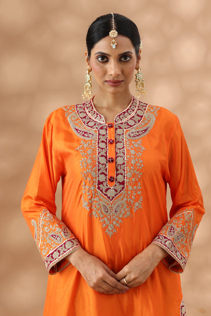 Pastel Orange Short Kurti and wine red Salwar Set